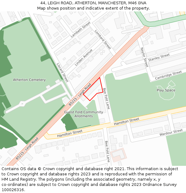 44, LEIGH ROAD, ATHERTON, MANCHESTER, M46 0NA: Location map and indicative extent of plot