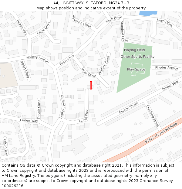 44, LINNET WAY, SLEAFORD, NG34 7UB: Location map and indicative extent of plot
