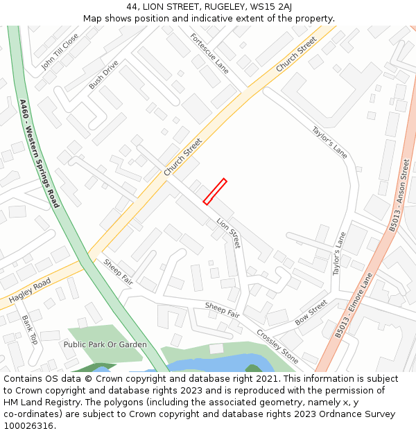 44, LION STREET, RUGELEY, WS15 2AJ: Location map and indicative extent of plot