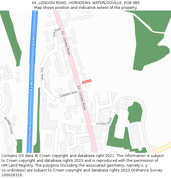 44, LONDON ROAD, HORNDEAN, WATERLOOVILLE, PO8 0BX: Location map and indicative extent of plot