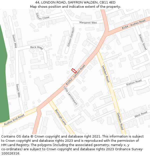 44, LONDON ROAD, SAFFRON WALDEN, CB11 4ED: Location map and indicative extent of plot