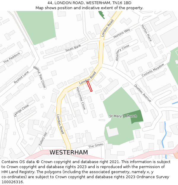 44, LONDON ROAD, WESTERHAM, TN16 1BD: Location map and indicative extent of plot