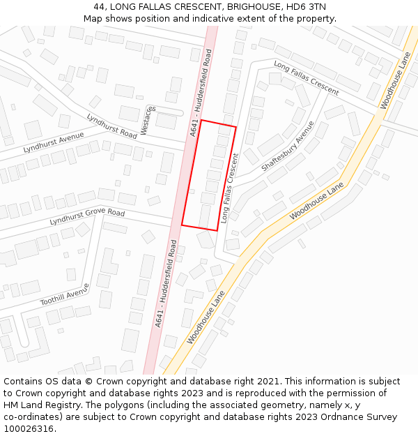 44, LONG FALLAS CRESCENT, BRIGHOUSE, HD6 3TN: Location map and indicative extent of plot