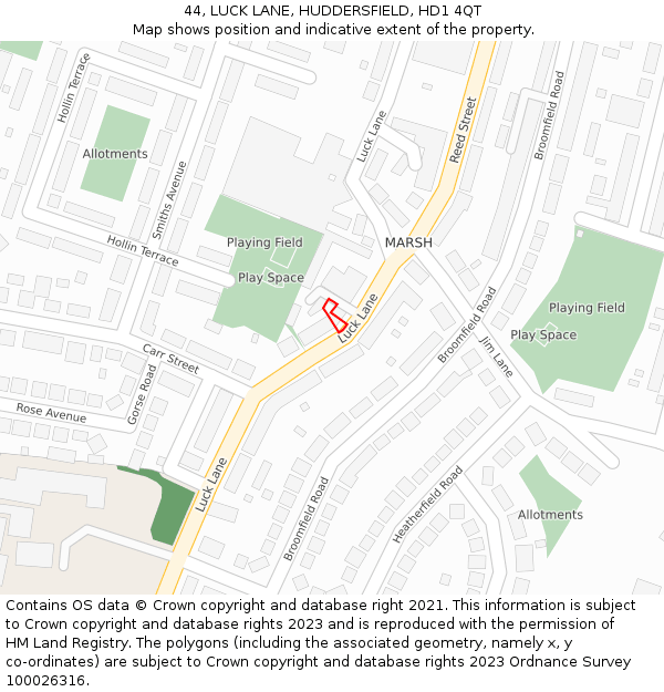 44, LUCK LANE, HUDDERSFIELD, HD1 4QT: Location map and indicative extent of plot