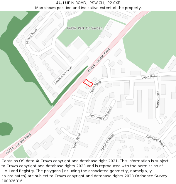 44, LUPIN ROAD, IPSWICH, IP2 0XB: Location map and indicative extent of plot