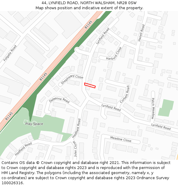 44, LYNFIELD ROAD, NORTH WALSHAM, NR28 0SW: Location map and indicative extent of plot