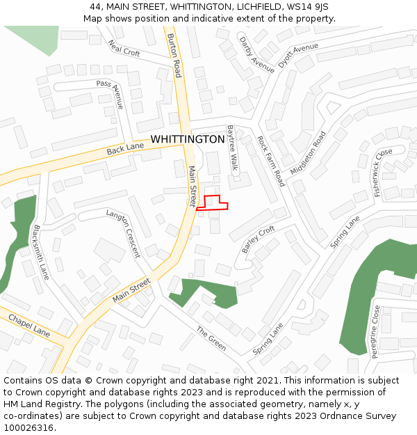 44, MAIN STREET, WHITTINGTON, LICHFIELD, WS14 9JS: Location map and indicative extent of plot