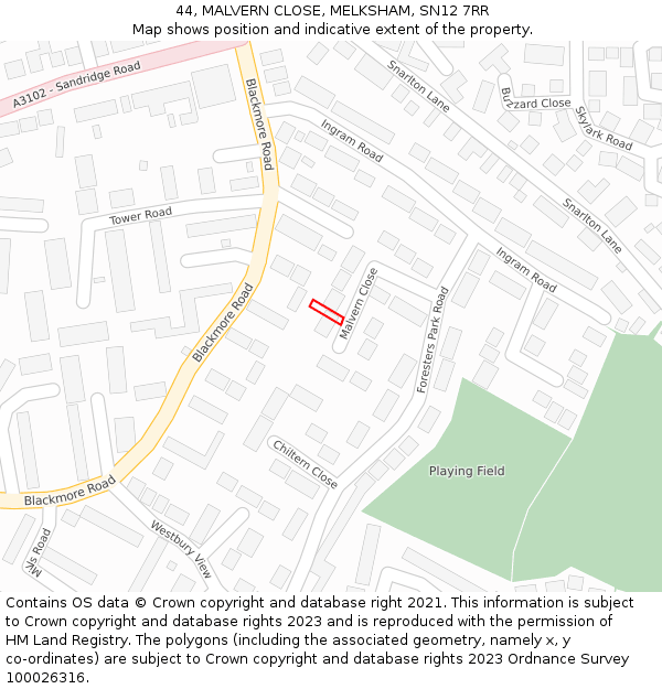 44, MALVERN CLOSE, MELKSHAM, SN12 7RR: Location map and indicative extent of plot