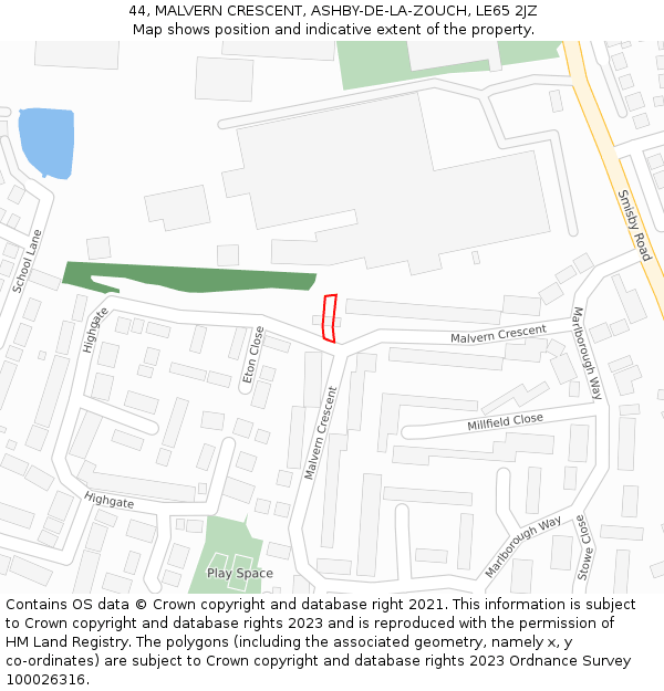 44, MALVERN CRESCENT, ASHBY-DE-LA-ZOUCH, LE65 2JZ: Location map and indicative extent of plot