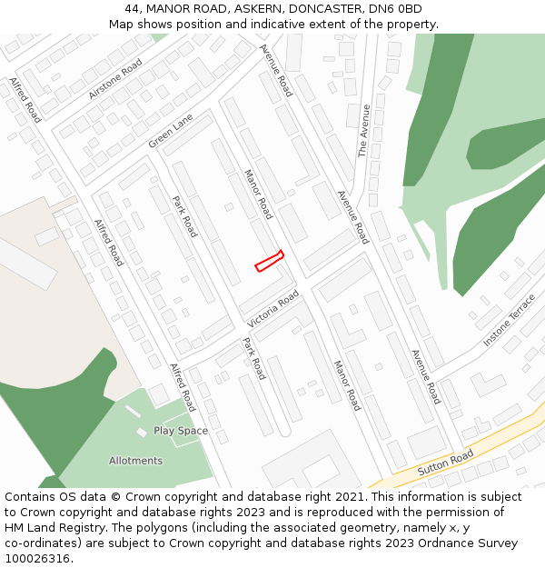44, MANOR ROAD, ASKERN, DONCASTER, DN6 0BD: Location map and indicative extent of plot