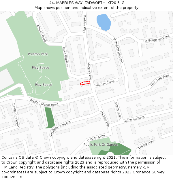 44, MARBLES WAY, TADWORTH, KT20 5LG: Location map and indicative extent of plot
