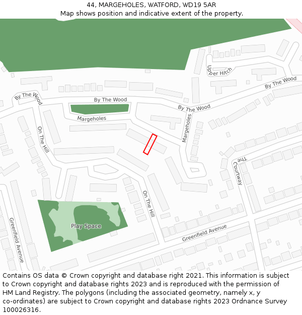 44, MARGEHOLES, WATFORD, WD19 5AR: Location map and indicative extent of plot