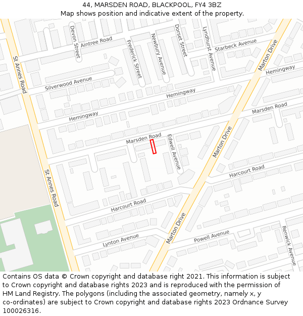 44, MARSDEN ROAD, BLACKPOOL, FY4 3BZ: Location map and indicative extent of plot