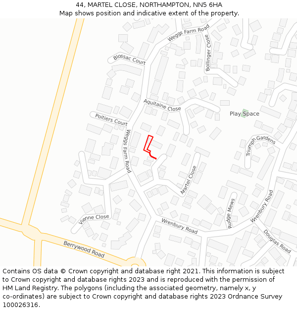 44, MARTEL CLOSE, NORTHAMPTON, NN5 6HA: Location map and indicative extent of plot