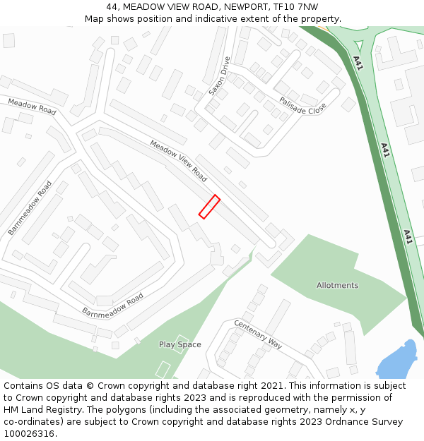 44, MEADOW VIEW ROAD, NEWPORT, TF10 7NW: Location map and indicative extent of plot