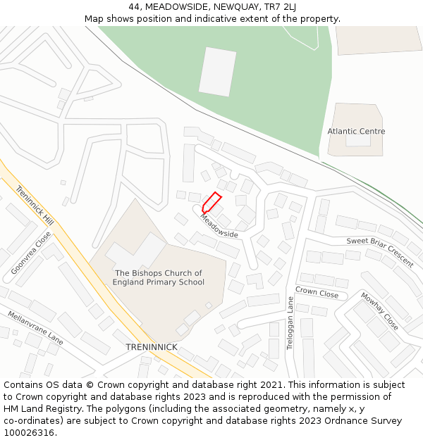 44, MEADOWSIDE, NEWQUAY, TR7 2LJ: Location map and indicative extent of plot