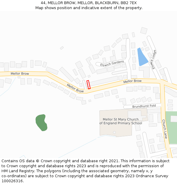 44, MELLOR BROW, MELLOR, BLACKBURN, BB2 7EX: Location map and indicative extent of plot