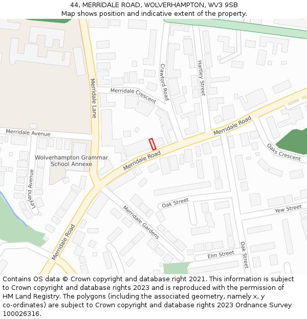 44, MERRIDALE ROAD, WOLVERHAMPTON, WV3 9SB: Location map and indicative extent of plot