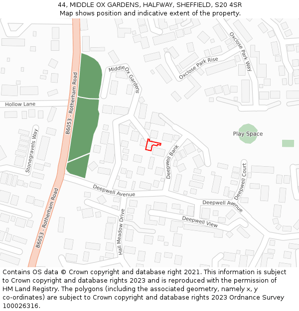 44, MIDDLE OX GARDENS, HALFWAY, SHEFFIELD, S20 4SR: Location map and indicative extent of plot