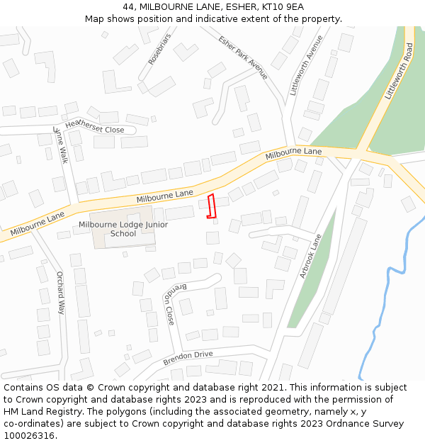 44, MILBOURNE LANE, ESHER, KT10 9EA: Location map and indicative extent of plot