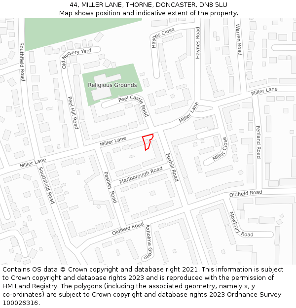 44, MILLER LANE, THORNE, DONCASTER, DN8 5LU: Location map and indicative extent of plot