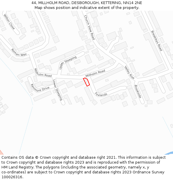 44, MILLHOLM ROAD, DESBOROUGH, KETTERING, NN14 2NE: Location map and indicative extent of plot