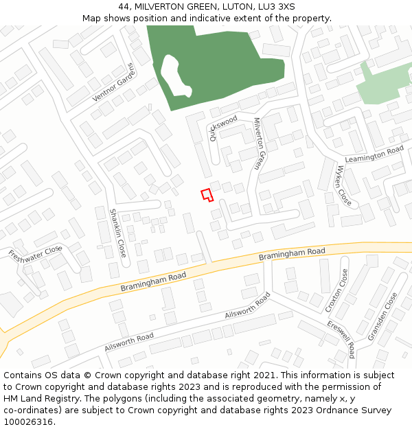 44, MILVERTON GREEN, LUTON, LU3 3XS: Location map and indicative extent of plot
