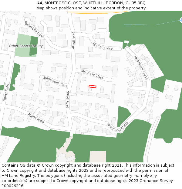 44, MONTROSE CLOSE, WHITEHILL, BORDON, GU35 9RQ: Location map and indicative extent of plot