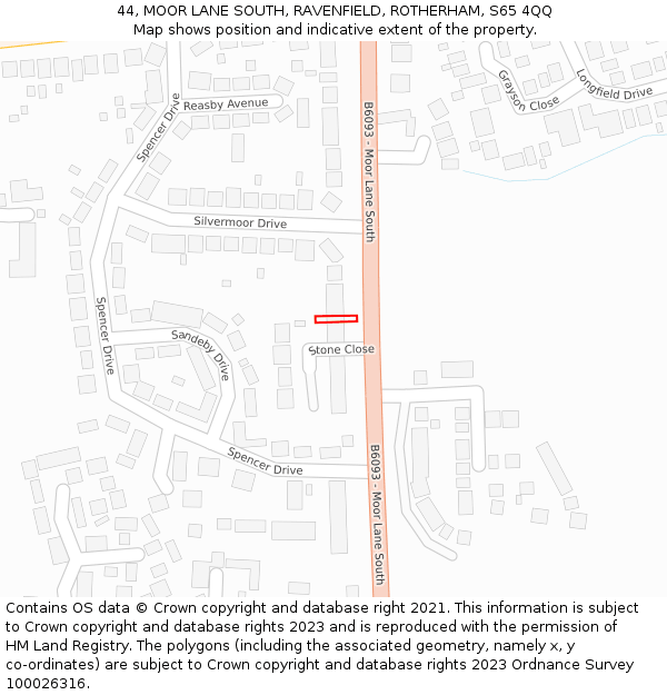 44, MOOR LANE SOUTH, RAVENFIELD, ROTHERHAM, S65 4QQ: Location map and indicative extent of plot