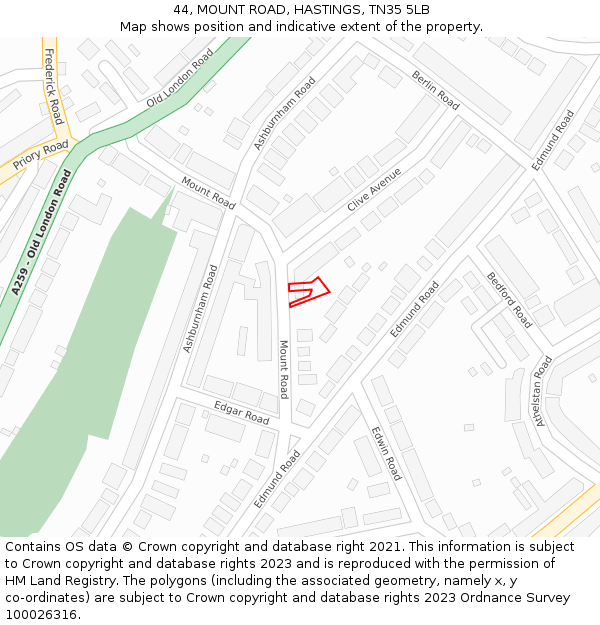 44, MOUNT ROAD, HASTINGS, TN35 5LB: Location map and indicative extent of plot