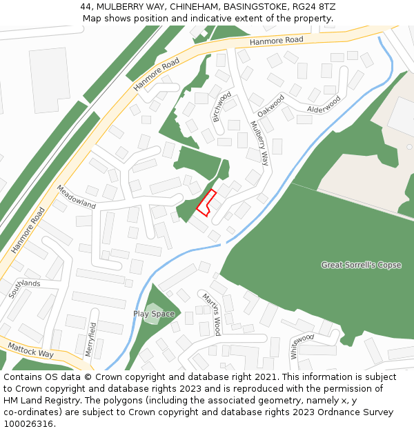 44, MULBERRY WAY, CHINEHAM, BASINGSTOKE, RG24 8TZ: Location map and indicative extent of plot