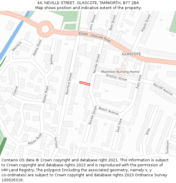 44, NEVILLE STREET, GLASCOTE, TAMWORTH, B77 2BA: Location map and indicative extent of plot