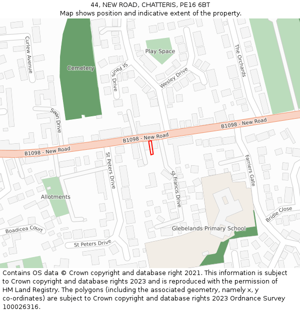 44, NEW ROAD, CHATTERIS, PE16 6BT: Location map and indicative extent of plot