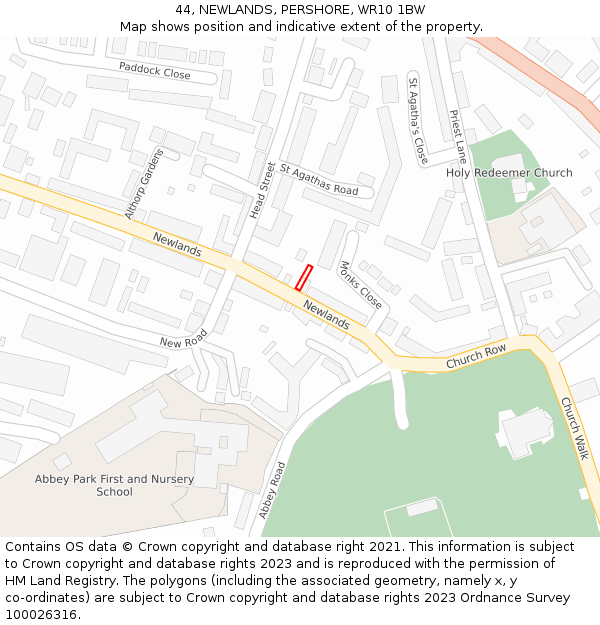 44, NEWLANDS, PERSHORE, WR10 1BW: Location map and indicative extent of plot