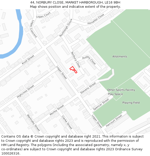 44, NORBURY CLOSE, MARKET HARBOROUGH, LE16 9BH: Location map and indicative extent of plot