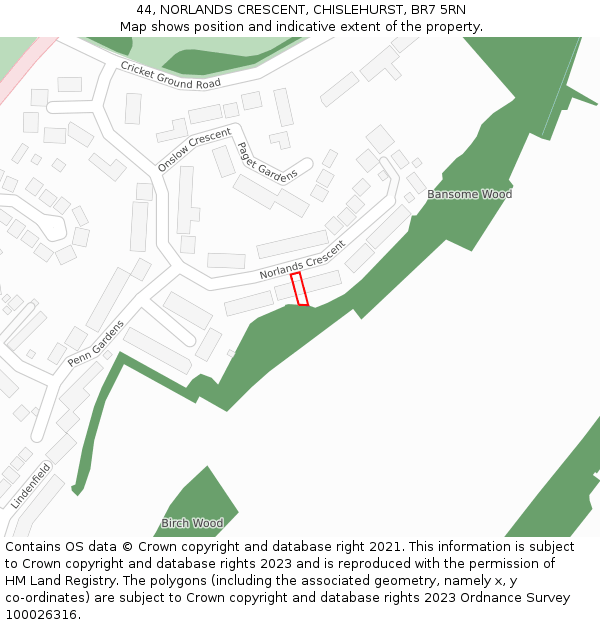 44, NORLANDS CRESCENT, CHISLEHURST, BR7 5RN: Location map and indicative extent of plot