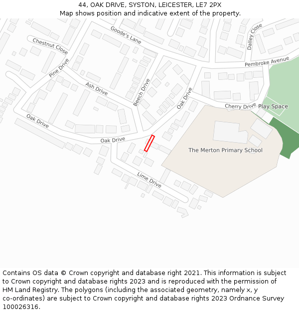 44, OAK DRIVE, SYSTON, LEICESTER, LE7 2PX: Location map and indicative extent of plot