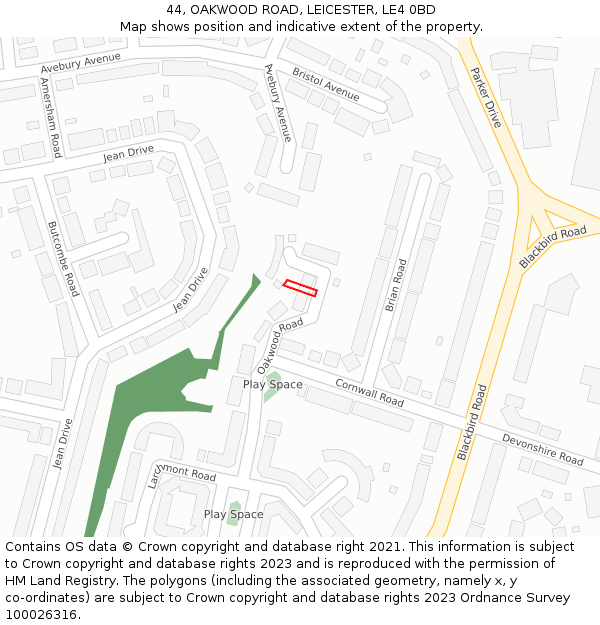44, OAKWOOD ROAD, LEICESTER, LE4 0BD: Location map and indicative extent of plot