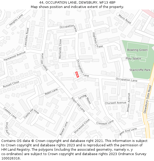44, OCCUPATION LANE, DEWSBURY, WF13 4BP: Location map and indicative extent of plot