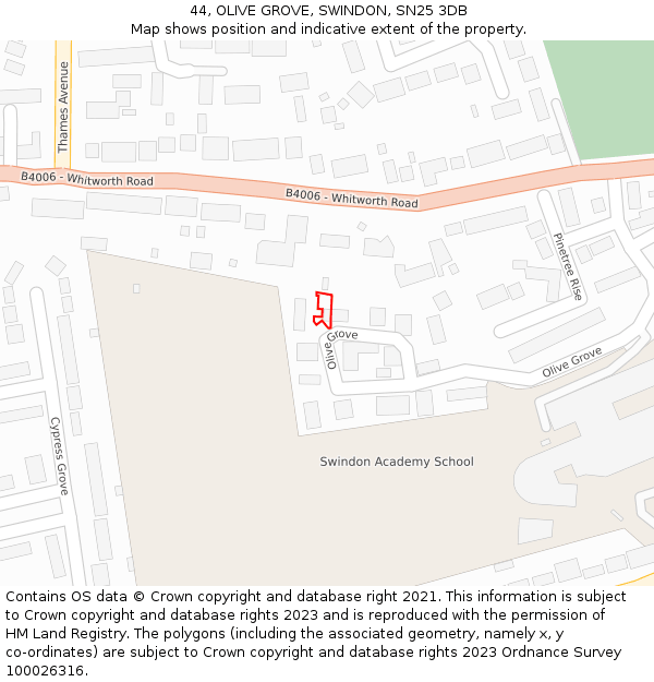 44, OLIVE GROVE, SWINDON, SN25 3DB: Location map and indicative extent of plot