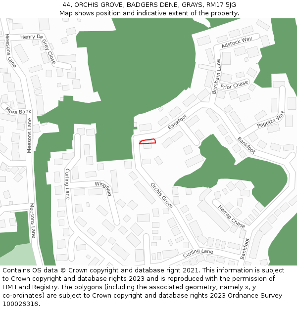 44, ORCHIS GROVE, BADGERS DENE, GRAYS, RM17 5JG: Location map and indicative extent of plot