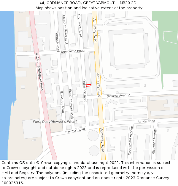 44, ORDNANCE ROAD, GREAT YARMOUTH, NR30 3DH: Location map and indicative extent of plot