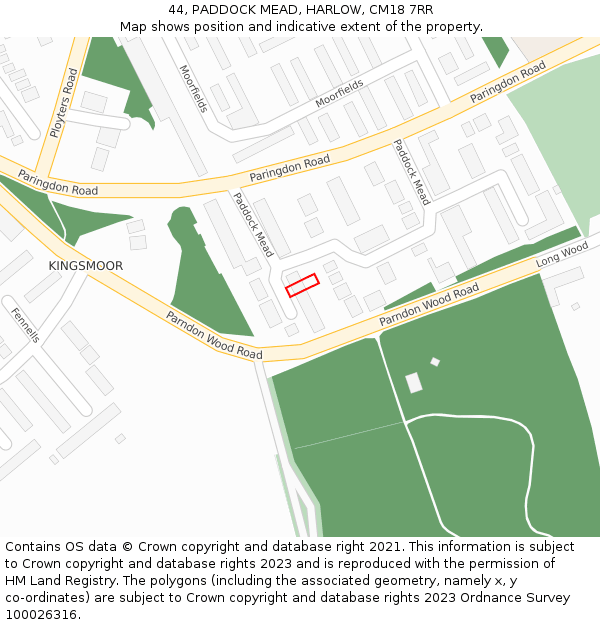 44, PADDOCK MEAD, HARLOW, CM18 7RR: Location map and indicative extent of plot