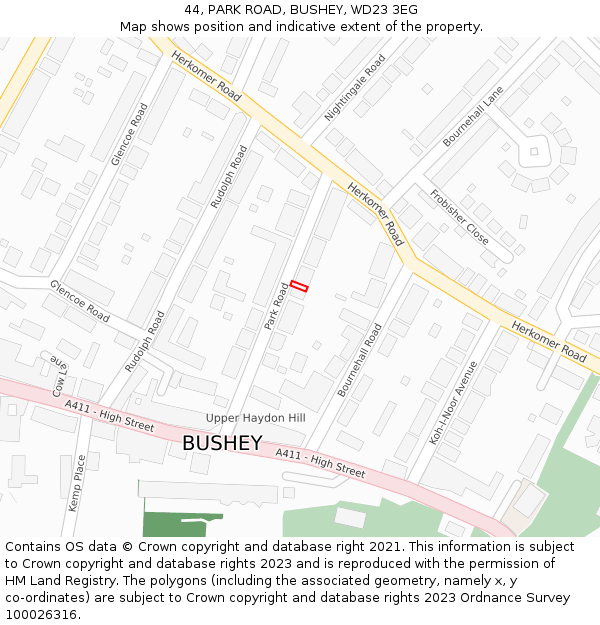 44, PARK ROAD, BUSHEY, WD23 3EG: Location map and indicative extent of plot