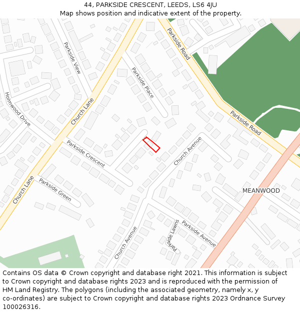 44, PARKSIDE CRESCENT, LEEDS, LS6 4JU: Location map and indicative extent of plot