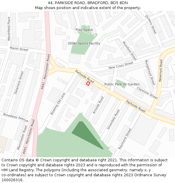 44, PARKSIDE ROAD, BRADFORD, BD5 8DN: Location map and indicative extent of plot