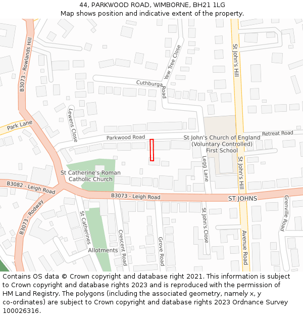 44, PARKWOOD ROAD, WIMBORNE, BH21 1LG: Location map and indicative extent of plot
