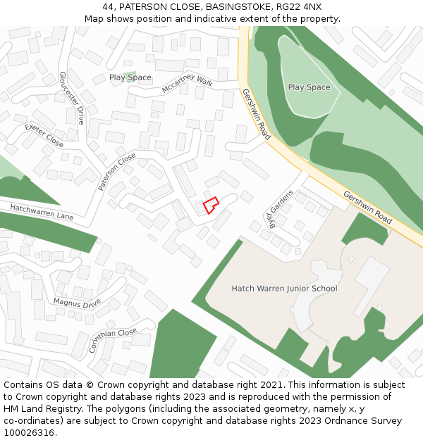 44, PATERSON CLOSE, BASINGSTOKE, RG22 4NX: Location map and indicative extent of plot