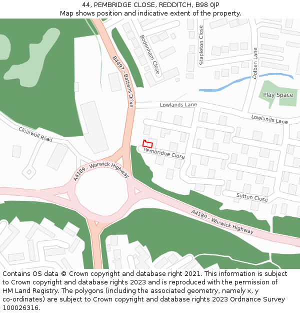 44, PEMBRIDGE CLOSE, REDDITCH, B98 0JP: Location map and indicative extent of plot