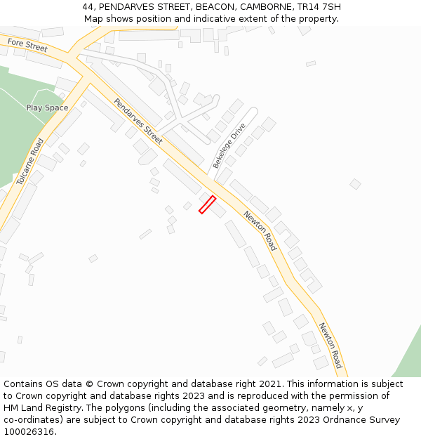 44, PENDARVES STREET, BEACON, CAMBORNE, TR14 7SH: Location map and indicative extent of plot